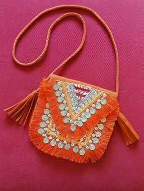 Boho Beaded Fringe Crossbody Bag w/Tassel Strap in Orange